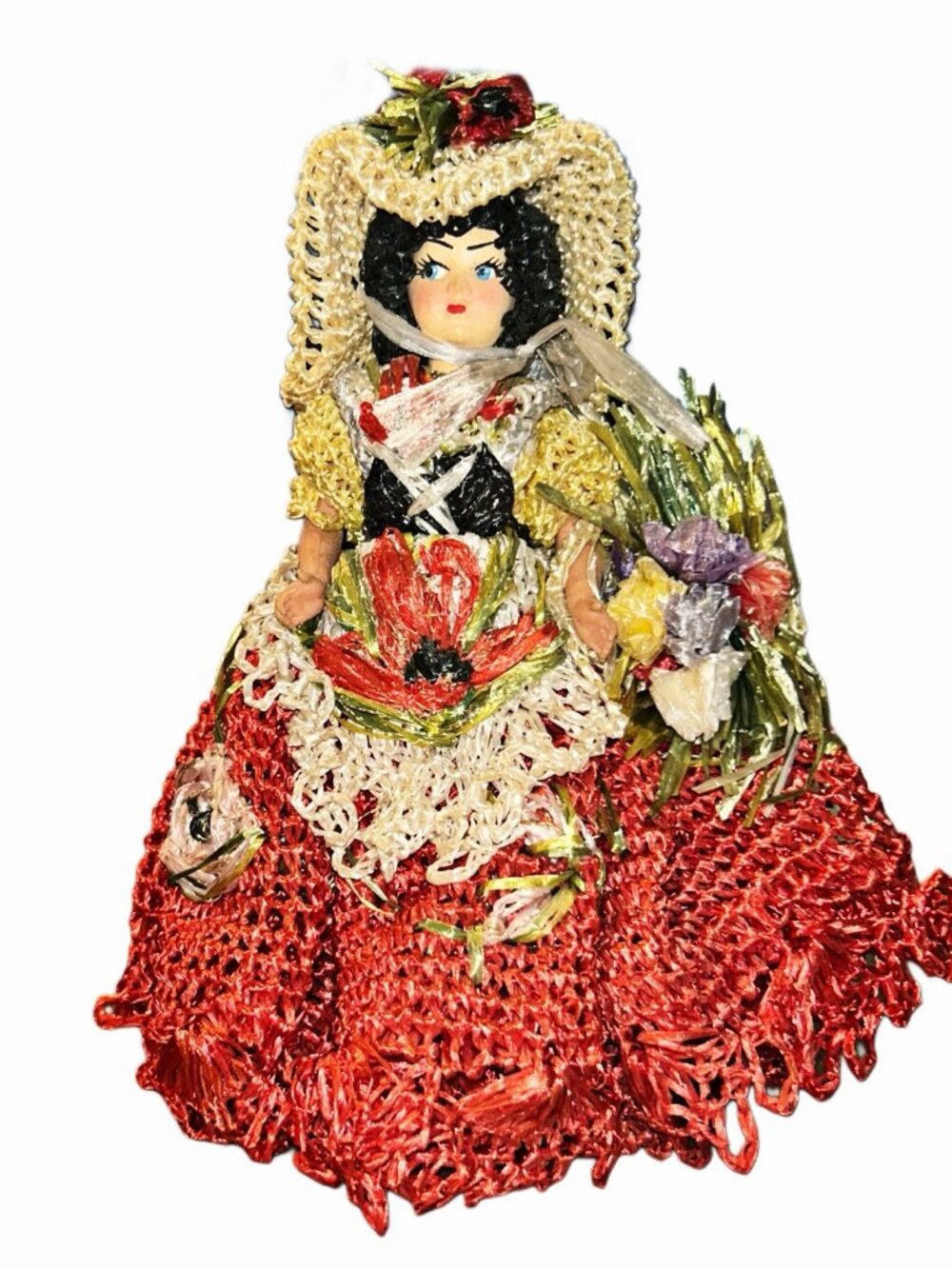 Unsigned Vintage Doll w/ Black Hair Red Floral Woven Dress Handcrafted & Painted